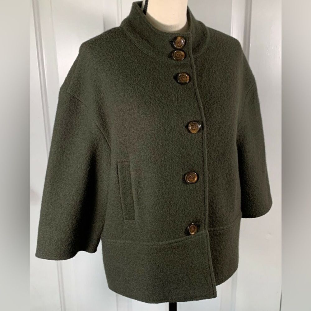 Jones New York Womens Merino Wool Olive Button Down 3/4 Sleeves Jacket Size L